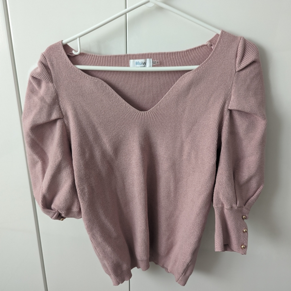 Blu Ivy Blush Pink Sweater with Sweetheart Neckline and Gold Button Deta…